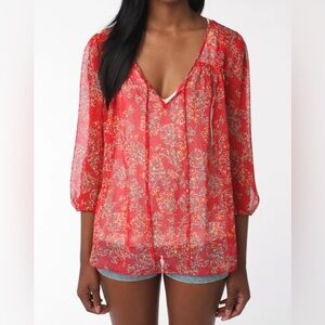 Pins and Needles Red Floral Feminine Peasant Blouse Urban Outfitters Medium